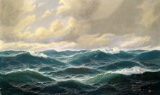 Hand painted Oil painting nice seascape green ocean waves with birds on canvas