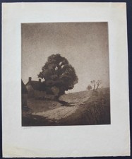 Acquaforte impressionista americana firmata Alson S. Clark di casa in campagna