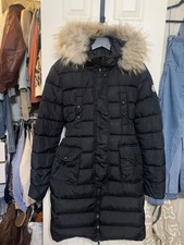 Piumino donna Monclear lungo nero imbottito cappotto con cappuccio pelliccia rimovibile autentico