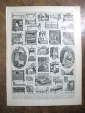 1930 stampa antica TIPI DI LETTO A BALDACCHINO FUNEBRE ECC.