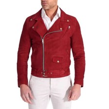 Uomo Originale pelle D'Agnello Giacca IN Scamosciata Slim Fit Moto Rosso Jack