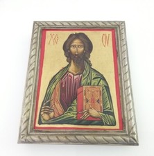 Icona anni 70 dipinta a mano su legno antico con Argento 800 e foglia Oro 22 kt