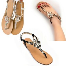 SCARPE Donna Sandali flat Infradito Gioiello Fiore Pietre Tacco Basso D17