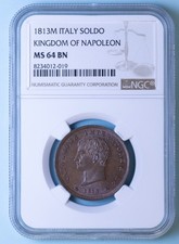NAPOLEONE RE D'ITALIA SOLDO 1813 MILANO qFDC SLAB MS 64 BN RAME COPPER COIN