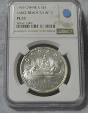 1965 CANADA ARGENTO $1 DOLLARO..NGC PL-63 TIPO 3..GRANDI PERLINE SMUSSATE 5...OBV. TONATO