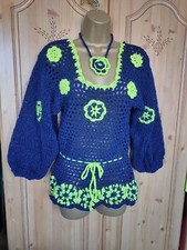 Collana cotone acrilico maglione lavorato a mano blu giallo taglia S-m lana all'uncinetto 