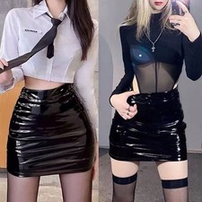 Elegante minigonna nera in pelle pu da donna con vita alta e vestibilità slim