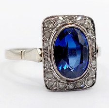 Anello pompadour art deco oro bianco 18k zaffiro e diamante taglio rosa...