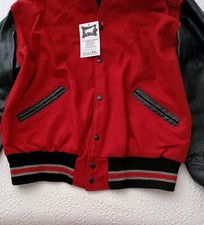 Giacca DeLong rossa lana nera pelle collo marinaio grande Varsity Letterman nuova con etichetta