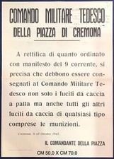 RSI COMANDO MILITARE TEDESCO DELLA PIAZZA DI CREMONA MANIFESTO REP. SOCIALE 1943