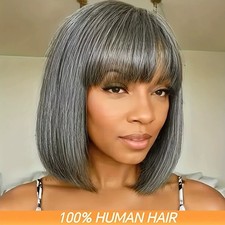 Parrucche Bob Corte Sale e Pepe Parrucca Grigia con Bangs 100% Capelli Umani Macchina Completa
