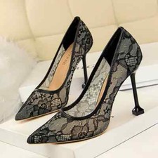 decolte scarpe donna 10 cm nero pizzo trasparente pelle sintetica elegante 8101
