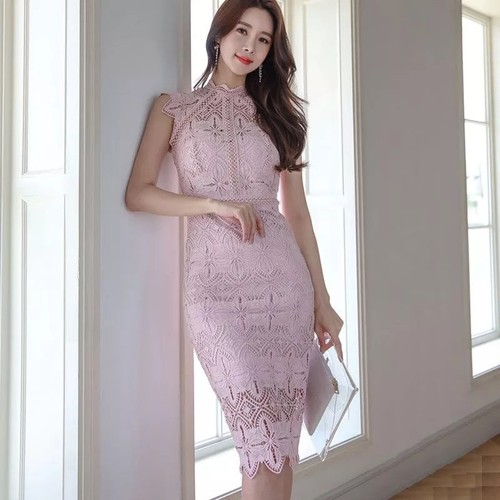 Tubino rosa pizzo con collo - pizzo,