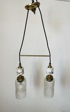 Lampadario Vintage Anni 60 circa, in ottone, ceramica disegnata e vetro.