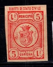 Cortona - mai usata * MH 100% Italia fiscale 5 lire, diritti di stato civile