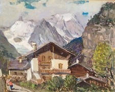 Mario Fumia  (Torino  1931 - 2013) "Casolari in Val Ferret, Valle d'Aosta. Olio 
