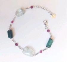 Bracciale in argento 925 con acquamarina smeraldi con dischi di ematite e rubini