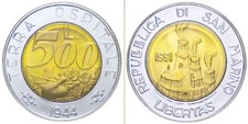 1991 SAN MARINO 500 LIRE BIMETALLICHE TERRA OSPITALE SERIE MANI DELL'UOMO