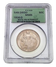 1936-D 50C San Diego Commemorativo Mezzo Dollaro PCGS MS65 Vecchio Holder