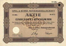 Opel & Kühne AG 1933 Zeitz Sassonia Anhalt passeggino azione ordinaria 100 Reichsmark