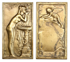 P068, Francia, c1900 Art Nouveau medaglia targa bronzo di Dupuis "La Source" nudo
