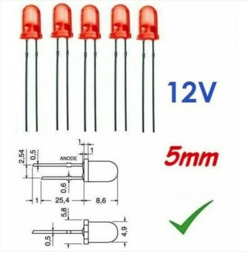 5pz diodo led 12v 5mm - 5pz, rosso