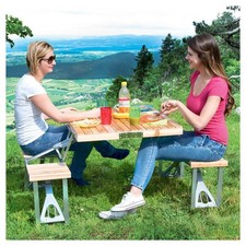 SET TAVOLO TAVOLINO PIEGHEVOLE PIC NIC CAMPEGGIO ALLUMINIO CON 4 SGABELLI LEGNO