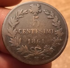 Moneta 5 Centesimi 1861 Napoli Testa Tozza,V.Emanuele II,Molto Rara R2, Rif.5262