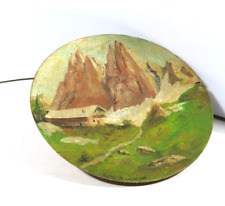 PRL) PIATTO IN LEGNO DIPINTO A MANO PAESAGGIO MONTAGNA AMORETTI Ø 24,5 cm WOOD