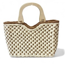 Borsa in paglia intrecciata con manici in legno e tracolla in corda intrecciata