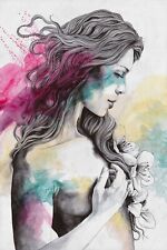 Ritratto donna e fiori di ciliegio, Disegno a matita originale, Nudo artistico