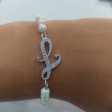 BRACCIALE PERLE DI 4MM LETTERA ( L ) IN ARGENTO 925 RODIATO IN ORO BIANCO 18KT