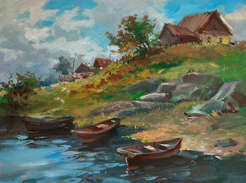 Dipinto olio fiume porta - dipinto,