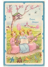 1963 cartolina Buona Pasqua angeli canti musica casetta uccelli colombe rondini