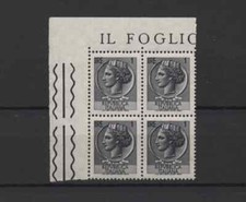 ITALIA** 1 lira SIRACUSANA FLUORESCENTE QUARTINA ANGOLO DI FOGLIO GOMMA ARABICA