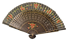 Antico Cinese Mano Ventola Pieghevole Bambù Tessuto Dipinta Rosa Fiori Jali Cut