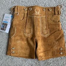Pantaloncini corti Bavaria Trachten in vera pelle taglia 11-14 nuovi con etichetta marrone.