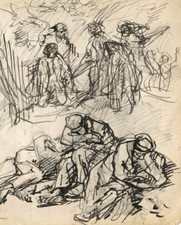 Disegno a inchiostro vintage scena originale di genere, barca, figure di schizzo