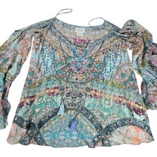 Camilla blusa top boho in seta con spalle a goccia metallizzata scintillante impreziosita XS