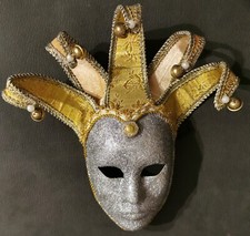 MASCHERA di CARNEVALE VENEZIANA - Giullare - ORO / ARGENTO