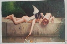 Quadro Dipinto a Mano Olio Tela ANGELI E BAMBINI 60x90 CM con telaio unico ART13