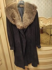 Cappotto Di Camoscio Blu Con Collo In Pelliccia Vera Di Volpe, Taglia 46/48