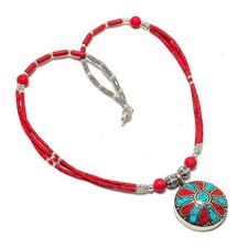 Collana Corallo Rosso Turchese Fatta a Mano Tibetano Nepalese Perline...