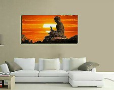 QUADRI MODERNI TELA 100X50 BUDDHA TRAMONTO BUDDISMO RELIGIONE PACE PAESAGGIO