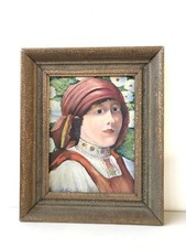 Antico Ritratto Donna Dipinto Olio Su Cartoncino. Firmato