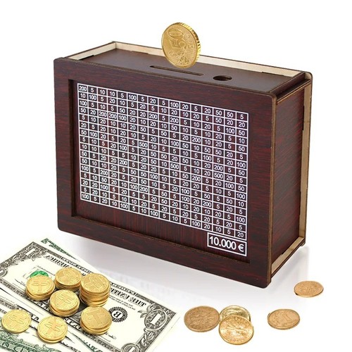 Wooden money box with - money,