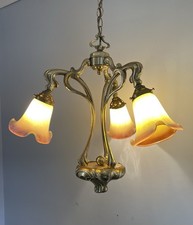 Plafoniera vintage Christopher Wray ottone massiccio stile Art Nouveau paralume vetro