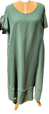 Marina Rinaldi Abito 25 IT Verde Bosco con Frange Forest Green Linen Dress NEW