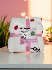 COPERTA PELUCHE HELLO KITTY FULL QUEEN HOLDING FRAGOLA BIANCA N ROSA NUOVA DI ZECCA!