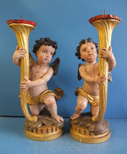 1 paio di vecchi angeli candelabri, legno intagliato e colorato, barocco, 18. Secolo